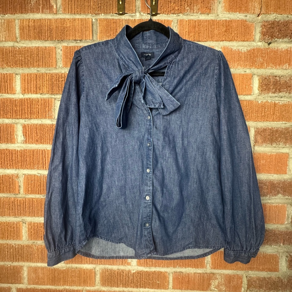 J.Crew Indigo Chambray Bow-Tie Neck Blouse Size SP